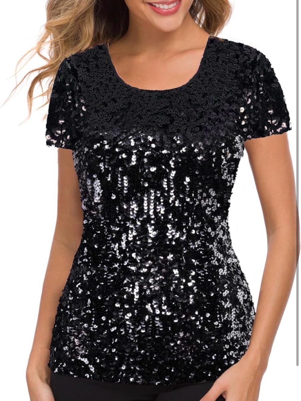 Sequin Short-Sleeve Women's Top - Black